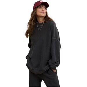 aerie Oversized Charcoal Waffle-Knit Crewneck Sweatshirt